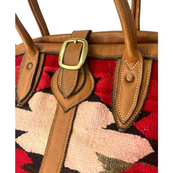 Large Artisan Wool Kilim Rug Leather Native Western Tote Overnight Market Bag - Picture 6 of 10